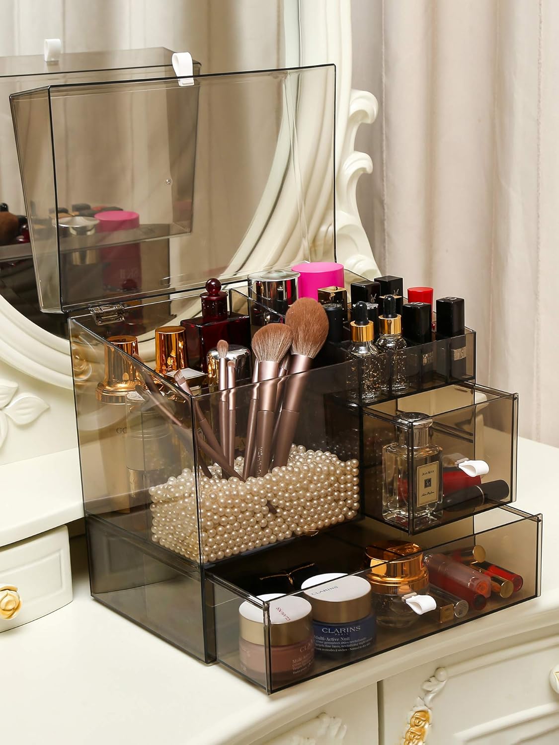 MOOCHI Tranlucent Black Large Makeup Organizer Multifuncational Dust Free Water Proof Cosmetics Storage Drawers Display Case for Brushes Lipsticks Skin Care Jewelry - Pearls Not Included: Beauty
