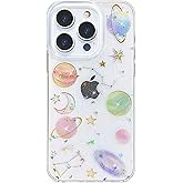 Abbery for iPhone 13 Pro Max Case Planet Space Theme Clear Glitter Cute with Stars Moon Design Bling Sparkle Soft TPU Aesthetic Shockproof Protective Kawaii Phone Cover for Women Girls Boy Kids Men