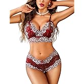 Avidlove Women Lace Lingerie Matching Bra and Panty Set Sexy Underwear 2 Piece Strappy Babydoll Wine Red Small