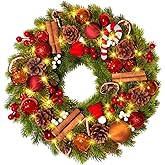 Quntis 16 Inch Christmas Wreath with 40 Lights 8 Modes, Lovely Christmas Door Wreath Decorations Artificial Xmas Wreath with PineCones Dried Lemon Pieces, Winter Wreaths Outdoor Porch Fireplace Window