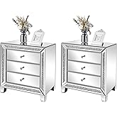 VINGLI Mirrored Nightstands Set of 2, 23" W Glass Mirror Night Stand Set of 2, Modern Bedside Table 3 Drawer Glass Side End T