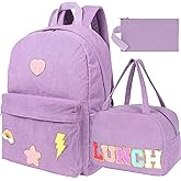Kolewo4ever 3 Pieces Corduroy School Backpack Set Preppy Book Bookbag Corduroy Chenille Letter Bookbag with Lunch Bag and Pencil Pouch for Teen Girls Women Laptop Backpack College Bookbags