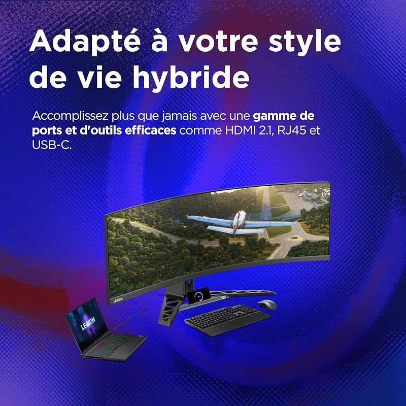 Legion R45w-30 - Écran Gaming 44.5'' DQHD (VA Panel, 165Hz, 1ms MPRT, HDMI+DP+USB-C, FreeSync Premium Pro, HDR4000, Haut-parleurs) Réglage en Inclinaison/Rotation/Hauteur - Noir