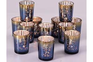 Volens Navy Votive Candle Holders Set of 12, Speckles Mercury Glass Tealight Candle Holder Bulk for Table Wedding Centerpiece, Navy Blue and Gold Themed Party Decorative & Home Decor