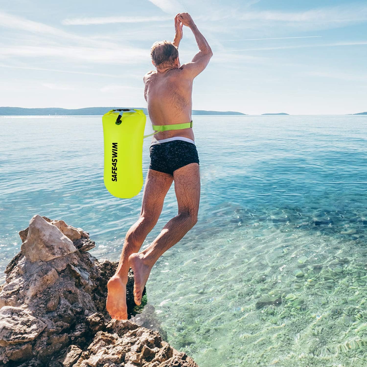 SAFE4SWIM 15L Pull Swim Buoy for Swimming Adult Open Water Be Bright Be Seen & Be Safer with Adjustable Swim Bubble Waist Belt Yellow: Sports & Outdoors