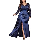 MISSMAY Women's Plus Size Sequins Lace V Neck Long Ruched Satin Slit Mermaid Hem Formal Party Long Dress