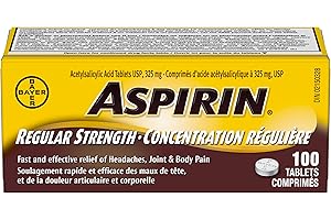 Aspirin Regular Strength, 325mg ASA, Fast and effective relief of Headaches, Joint and Body Pain, Fever, 100 Tablets