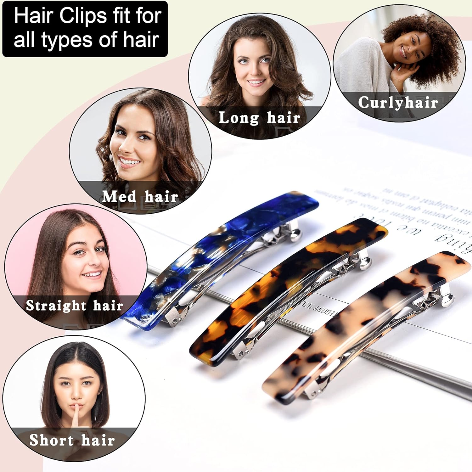 FSMILING Tortoise Shell Hair Barrettes Clips For Women, Celluloid Small Rectangular Automatic Hair Clip Barrette For Thin Hair, 3 Pieces/set : Beauty