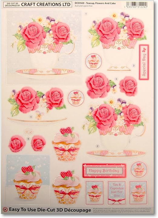 Craft Creations DieCut 3D Decoupage DCD569 Teacup Flowers And Cake