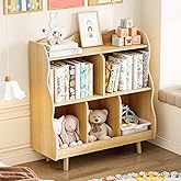 Treocho Kids Bookshelf and Toy Storage Orangizer, 3-Tier Wooden Children's Bookcase with Curve Design, 5 Toy Storage Cabinet Display with Legs for Children's Room, Playroom, School, Natural