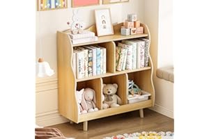 Treocho Kids Bookshelf and Toy Storage Orangizer, 3-Tier Wooden Children's Bookcase with Curve Design, 5 Toy Storage Cabinet Display with Legs for Children's Room, Playroom, School, Natural