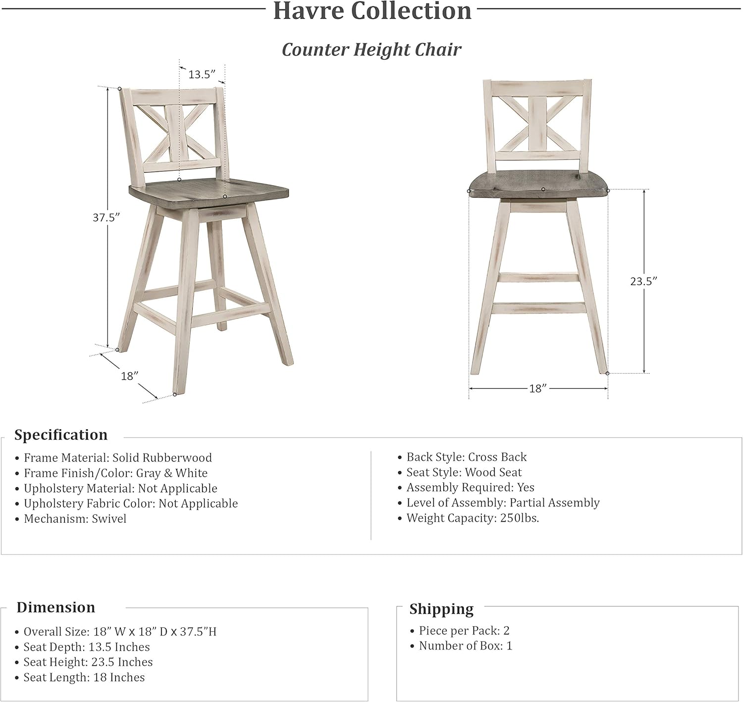 Lexicon Havre Swivel Counter Height Barstool (Set of 2), Cross-24Inch, Gray/White: Furniture & Decor