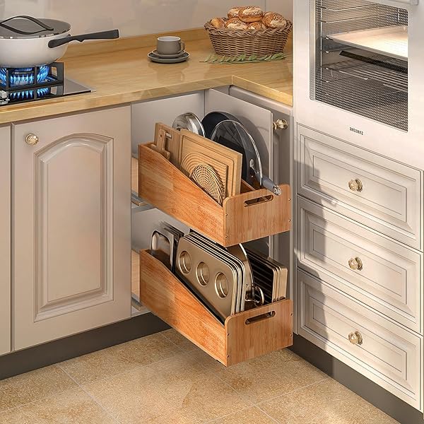 DINDON PULL OUT CABINET ORGANIZER FOR PANS, COOKIE SHEET, BAKEWARE, CUTTING BOARD, SLIDE OUT KITCHEN CABINET STORAGE ORGANIZER RACK, 10.5”W X 21″D X 7.5″H, WOOD