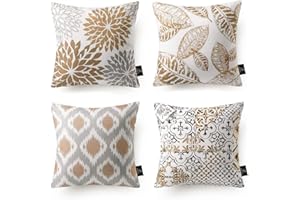 Phantoscope Set of 4 New Living Series Leaf Geometric Coffee Throw Decorative Pillow Cover Cushion Cover 18 x 18 inches 45 x 45 cm