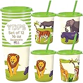 Safari Party Decorations – Set of 12 Zoo Animal Cups with Lids and Straws, Perfect for Safari Birthday, Zoo Favors & Jungle Animal Party Theme