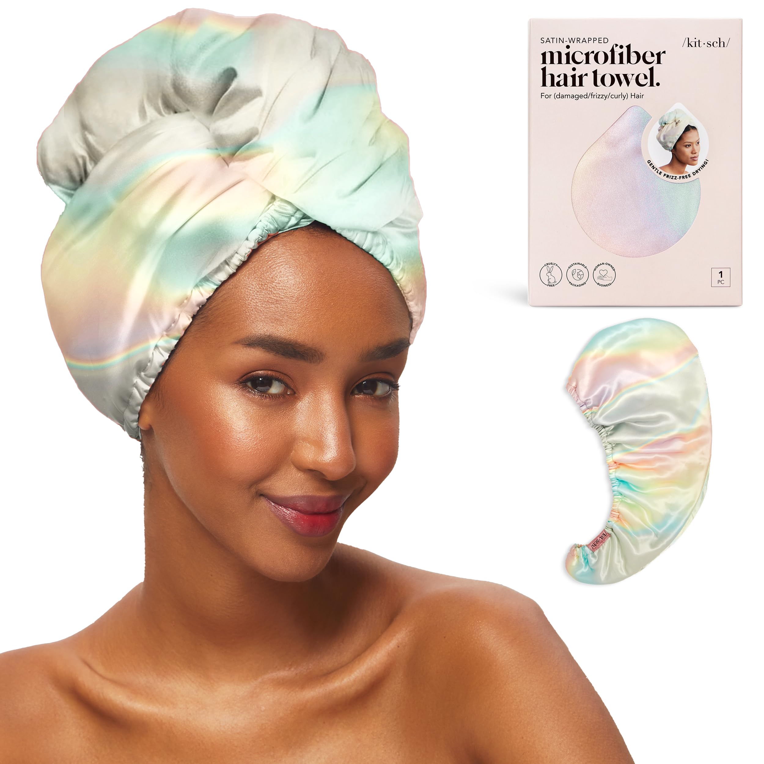 Kitsch Satin Wrapped Microfiber Hair Towel - Fast Dry Curly Hair Wraps for Women Wet Hair | Microfiber Towel for Hair | Hair Drying Towel Wrap | Hair Towels for Women | Hair Turban for Wet Hair (Aura)
