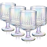 Joeyan Vintage Iridescent Wine Glasses,Embossed Water Goblet Glasses with Diamond Patterns,Rainbow Decorative Striped Stemmed Glass Tumbler Cups,Glassware for Party Wedding Anniversary,7 oz,4 pcs
