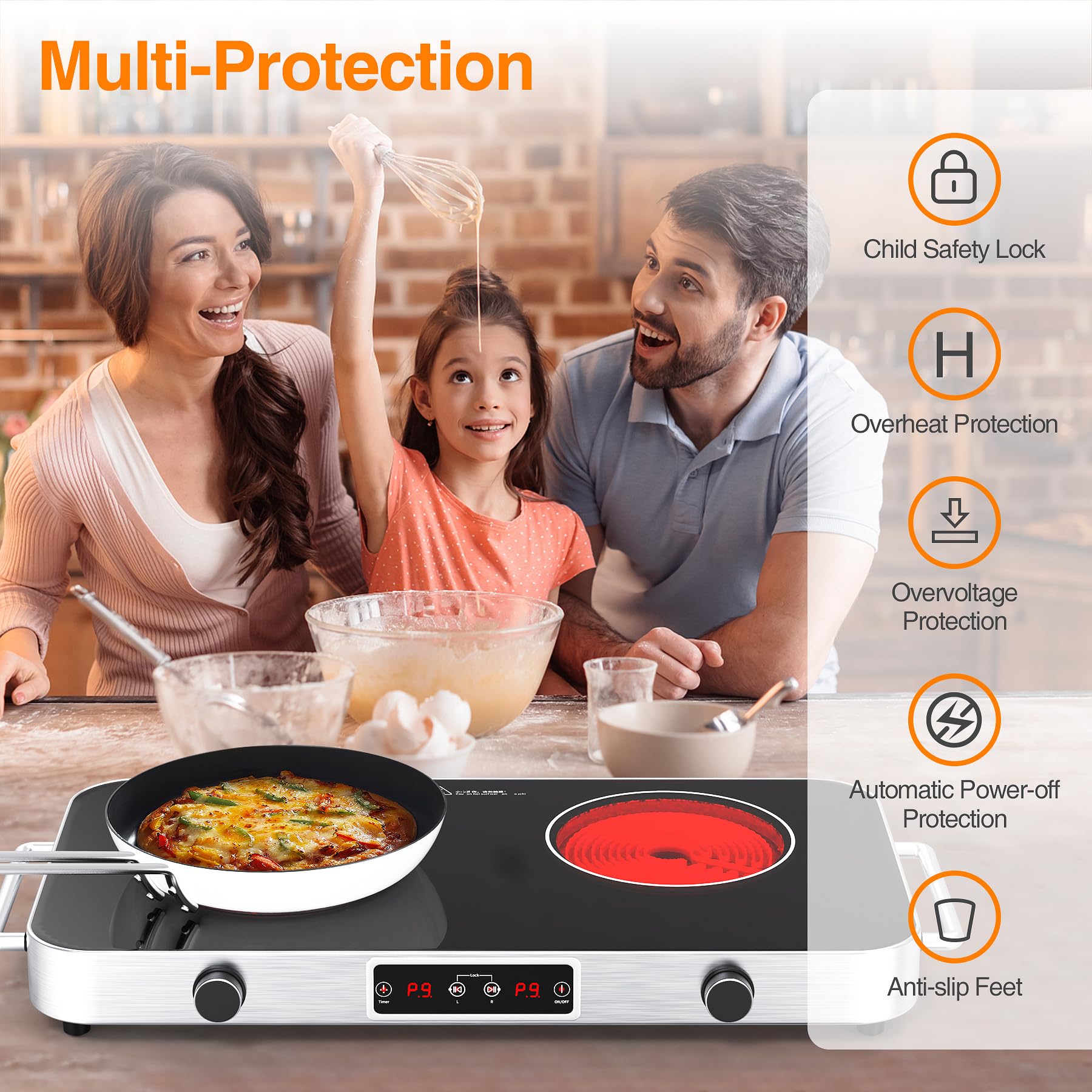 VBGK Cooktop,110V 2200W Stove with Knob Control,9 Power Levels, Kids Lock & Timer,LED touch control,Overheat Protection Stove Top,12 Inch desktop 2 burner cooktop