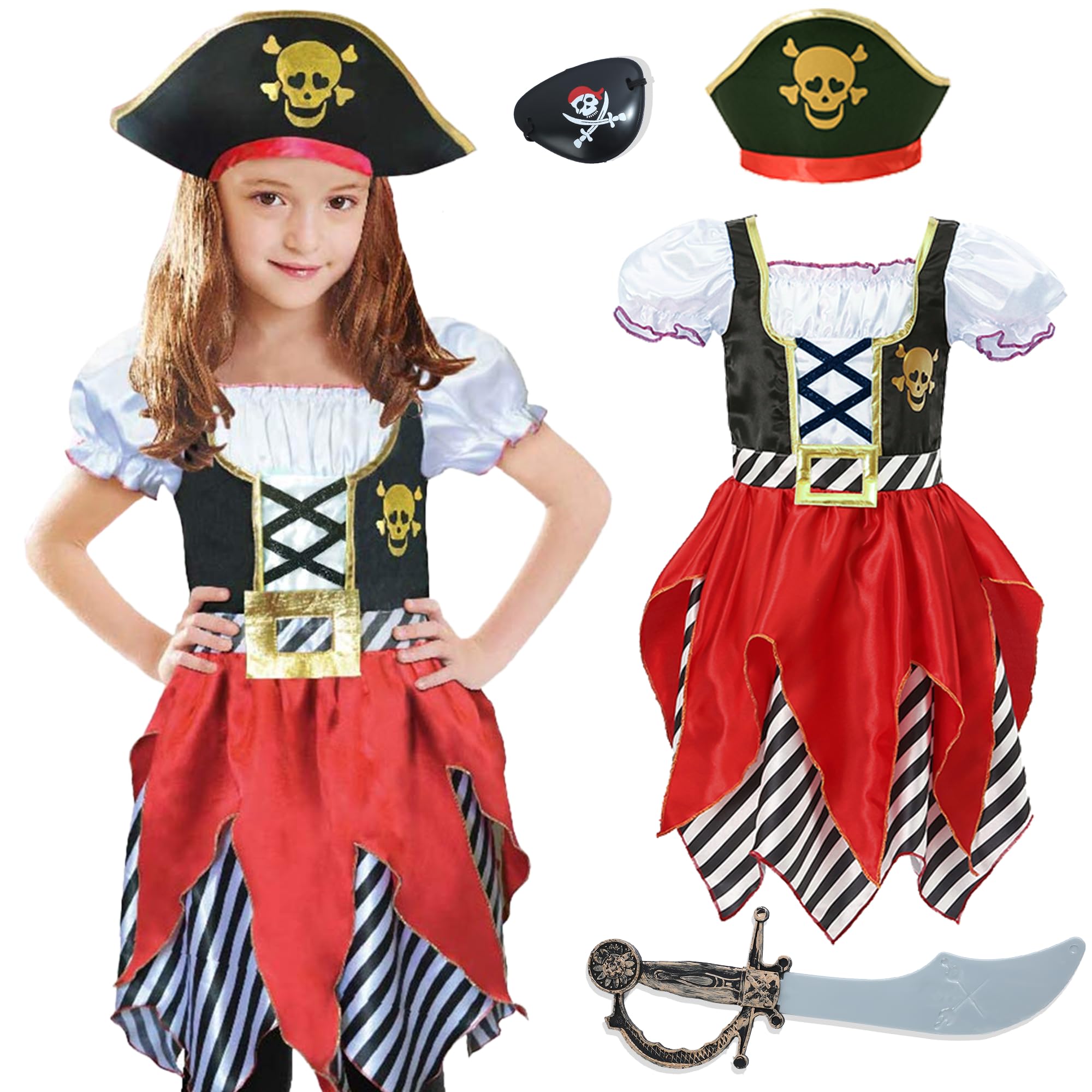 Wiclin Girls Pirate Costume Buccaneer Princess Dress for Kids Pirate Lass Costume Role Play Dress Up Set 3-4Years