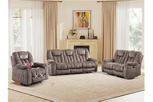 EBELLO 3 Pieces Recliner Sofa Furniture Set, Manual Recliner Chair with Massage and Heat, Loveseat and 3 Seat Reclining Couch Set for Living Room, Light Brown