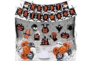 GUSGROP Halloween Decorations Outdoor Indoor Decor, HAPPY HALLOWEEN Party Favors with Spider Webs Tablecloth, Hanging Party Supplies Bats Skeleton Balloons, Banner Backdrop for Mantle Fireplace Yard Garland