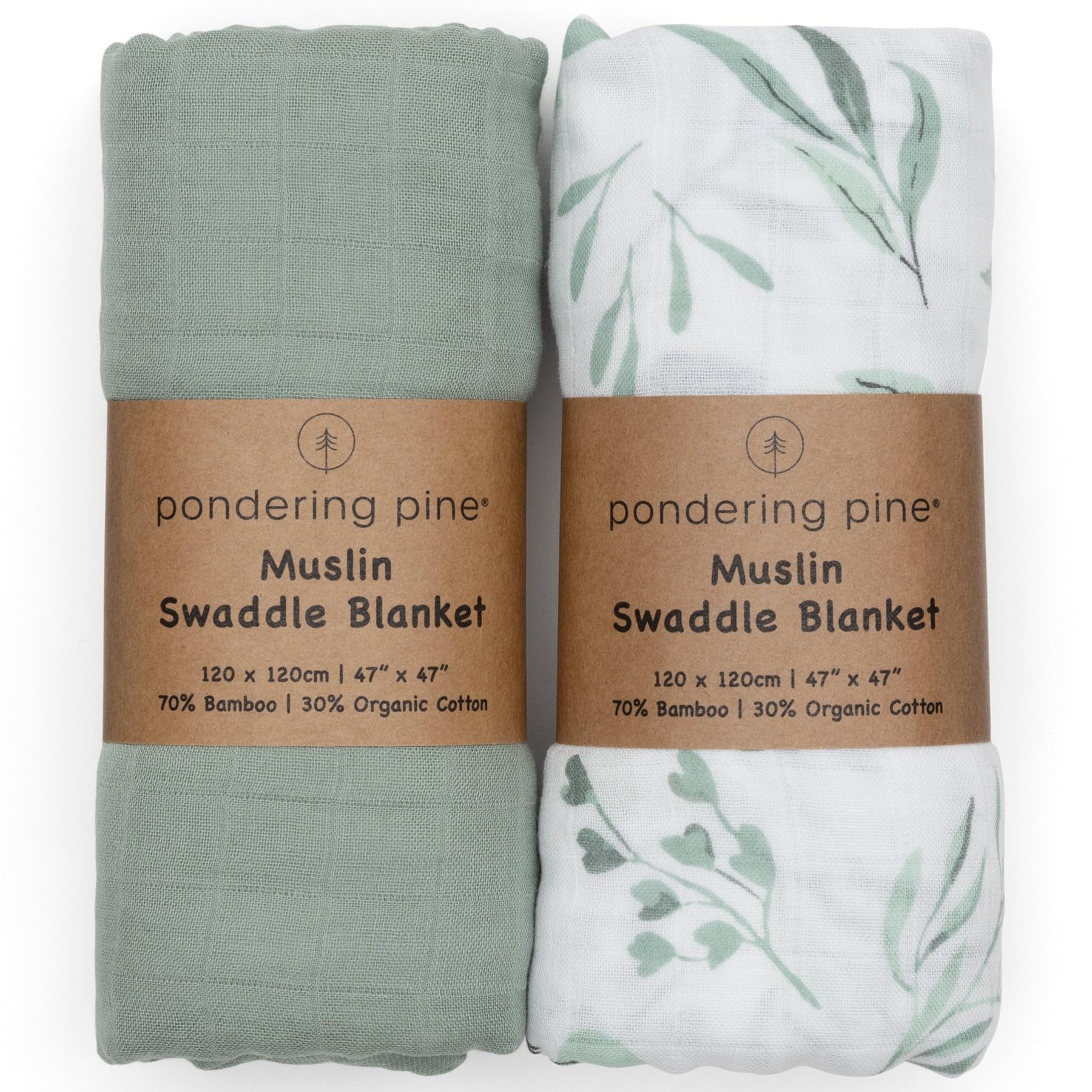 Photo 1 of Organic Baby Muslin Swaddle Blankets for Boy or Girl - Eucalyptus Leaves and Sage Swaddling Blanket 2 Pack - Soft Muslin, XLarge and Breathable, Boho Baby, 47" X 47"