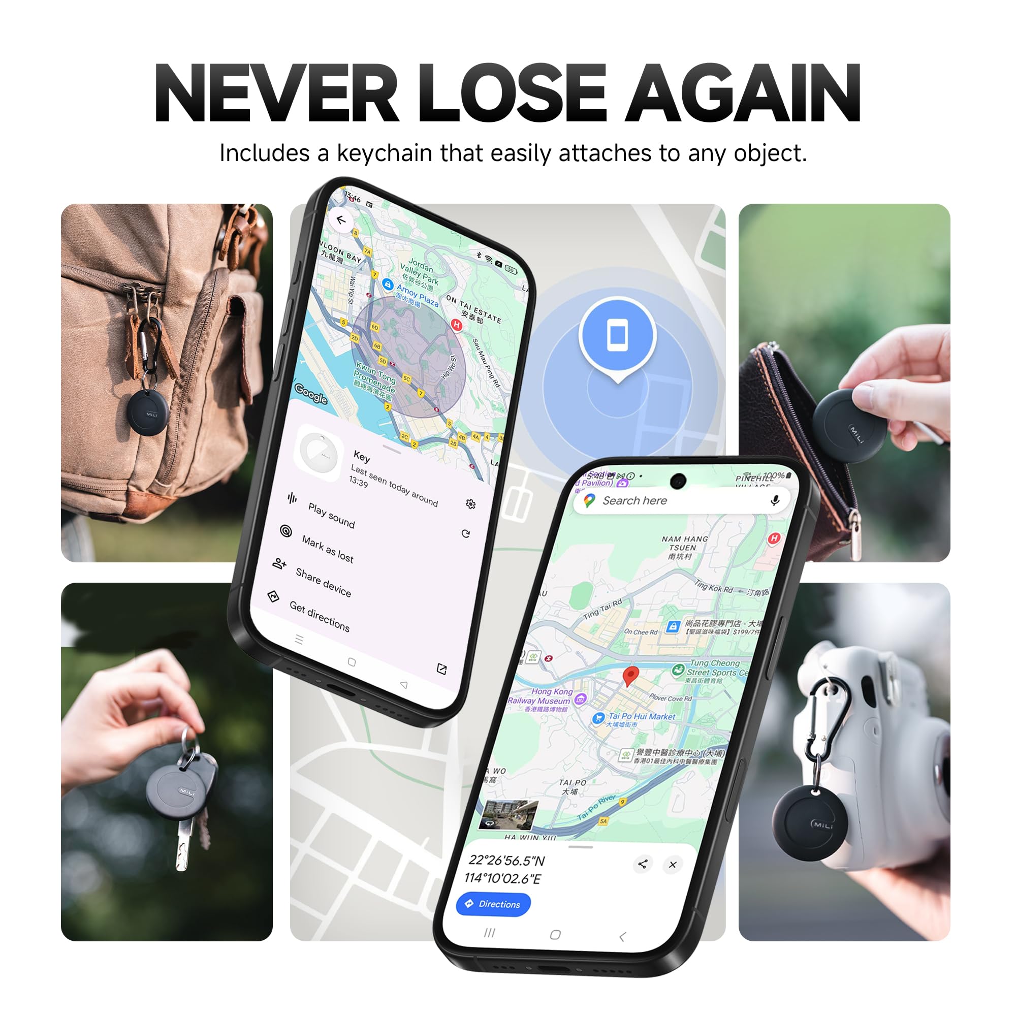 MiLi MiTag Bluetooth Tracker for Android, Google Certified Key Finder/Luggage Tracker/Item Locator, Smart Tracking Tag for Google Find My Device (Find Hub) App, 4 Pack