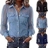 Denim Shirt Women Button Down Mesh Long Sleeve Jean Shirts | Chambray Pearl Snap Shirt, Trendy Spliced Jean Tops, Chest Pockets, Daily Wear, Slim Fit Retro Shacket, Denim Blouses