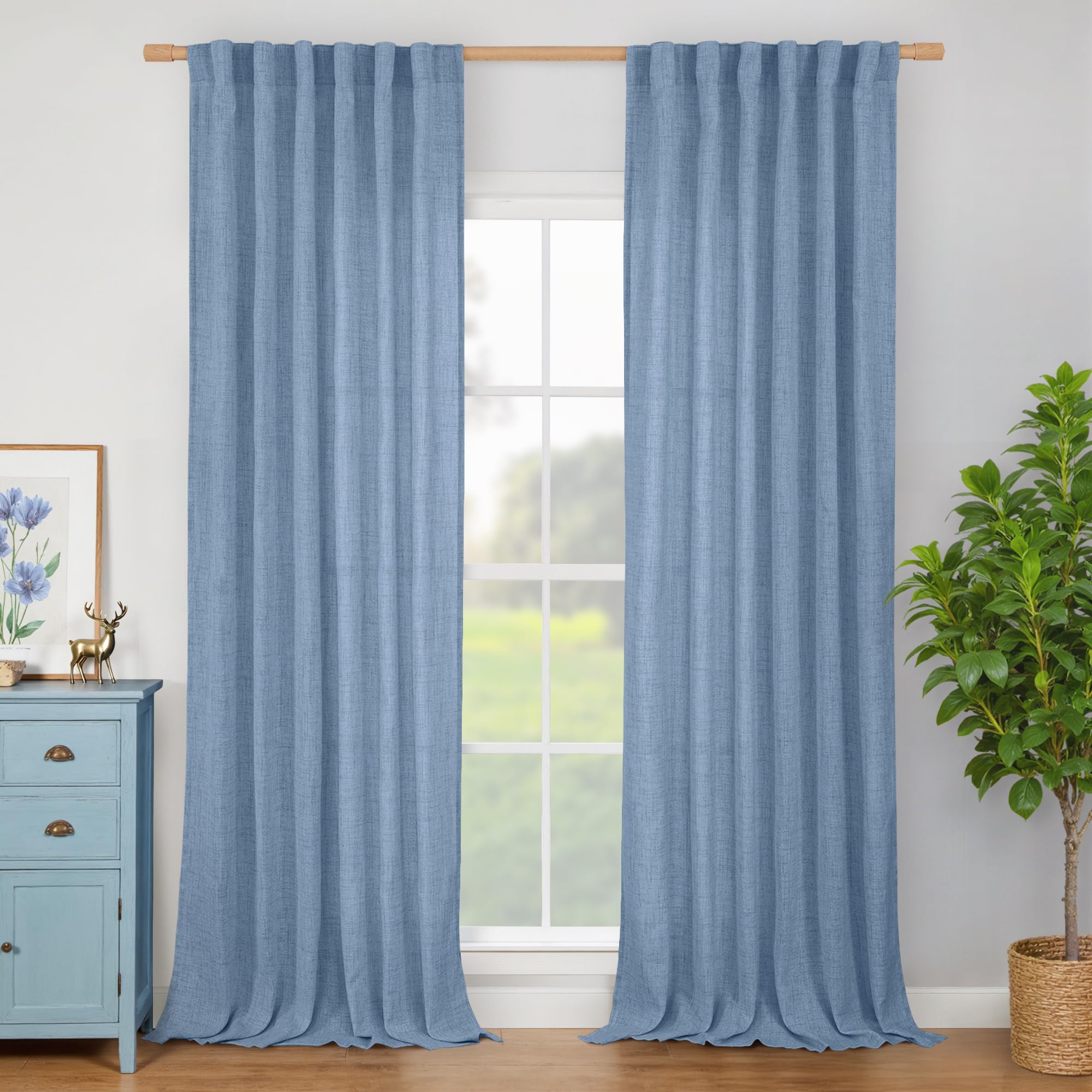 BGment 96 Inch Length Denim Blue Curtains for Living Room, Linen Sheer Drapes Light Filtering for Bedroom Dining Country Privacy Rod Pocket and Back Tab, 2 Panels Set, 52 Inch Wide Image