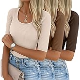 Ficerd 3 Pack Women's Half Sleeve Tops Ribbed Elbow Length Shirts Scoop Neck Slim Fit Summer Basic Tee Trendy Casual Blouses