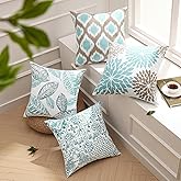 Phantoscope Set of 4 New Living Series Leaf Geometric Blue and Coffee Throw Decorative Pillow Cover Cushion Cover 18 x 18 inches 45 x 45 cm