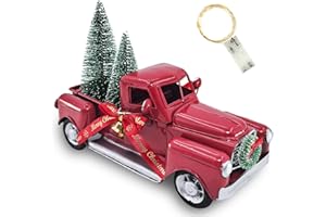 XQIGI Red Truck Christmas Decor, Xmas Farmhouse Metal Pickup with 2 Mini Trees and LED String Lights, Vintage Little Truck Car Model for Table Top Decorations （Small）