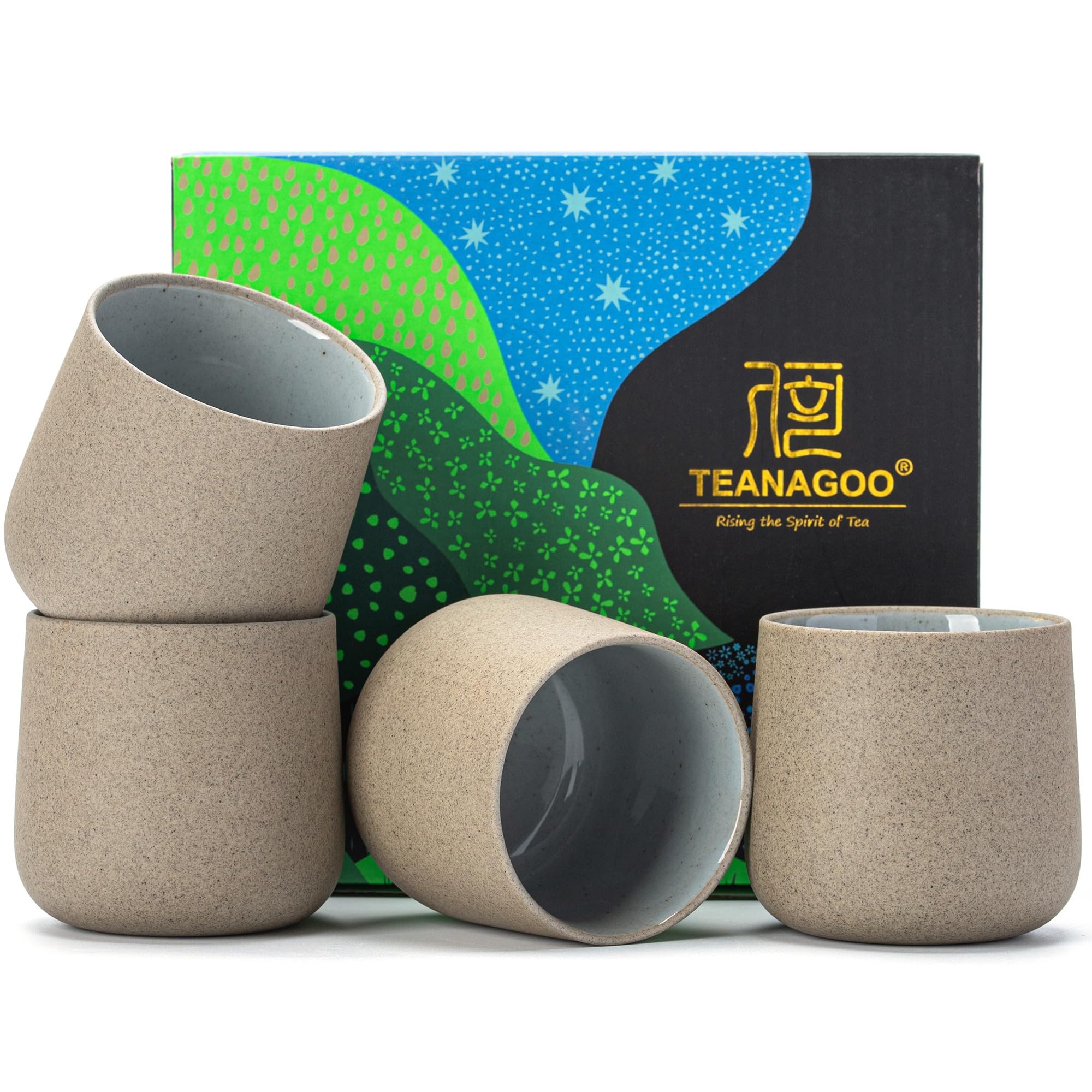TEANAGOO Ceramic Japanese Tea Cup, 4 Pcs/Box, Occupied Japan Cups, Chinese Cup, Asian Cups no Handles，Dk.Grey（7.2oz / 205 mlx 4）