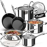 Ciwete Stainless Steel Nonstick Pots and Pans Set - 11PC, 18/10 Triple Ply Stainless Steel Induction Cookware Set, Kitchen Cookware Sets with Steamer Insert/Stay-Cool Handles, Dishwasher Safe