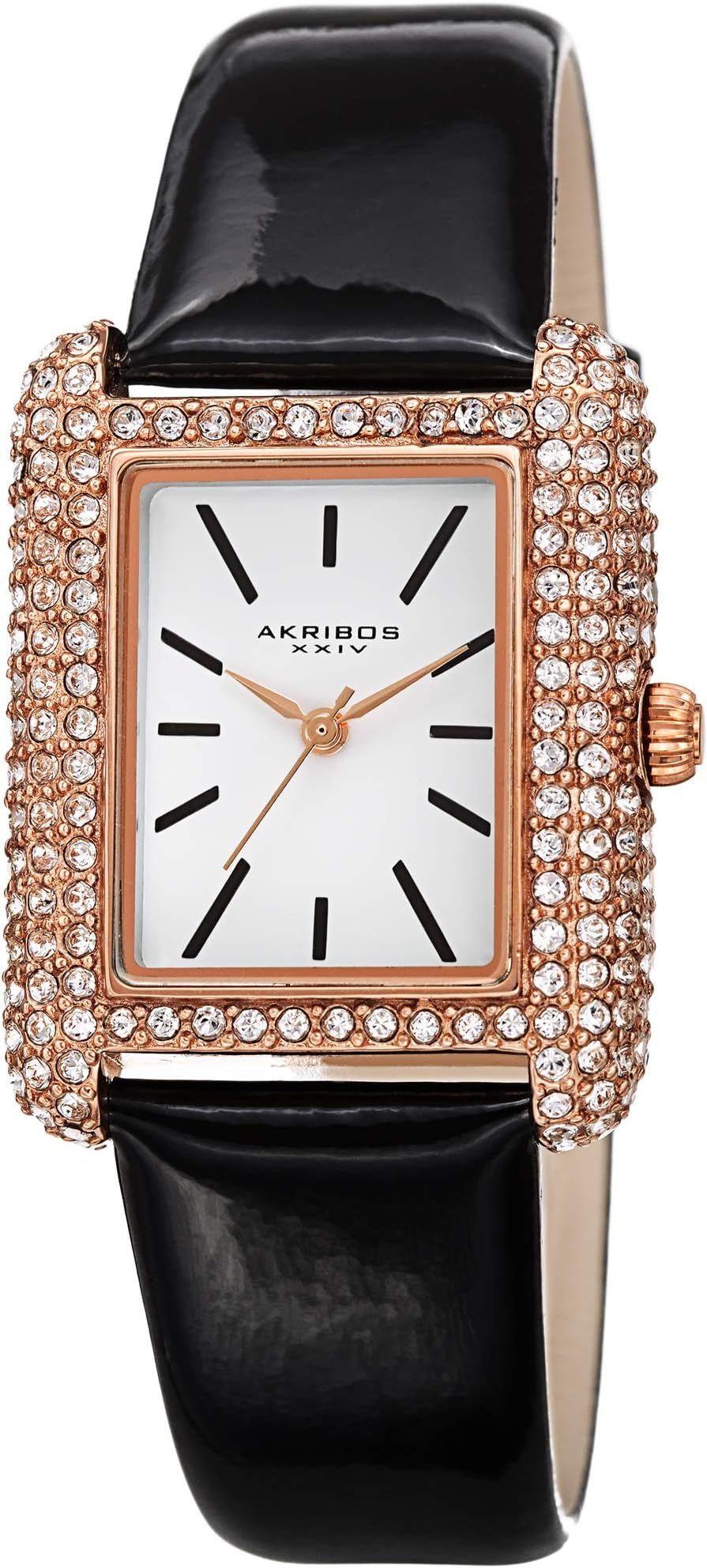 Akribos XXIVSwarovski Crystal Rectangle Watch - 200 Swarovski Crystals On Bezel On Genuine Leather Strap- AK1068
