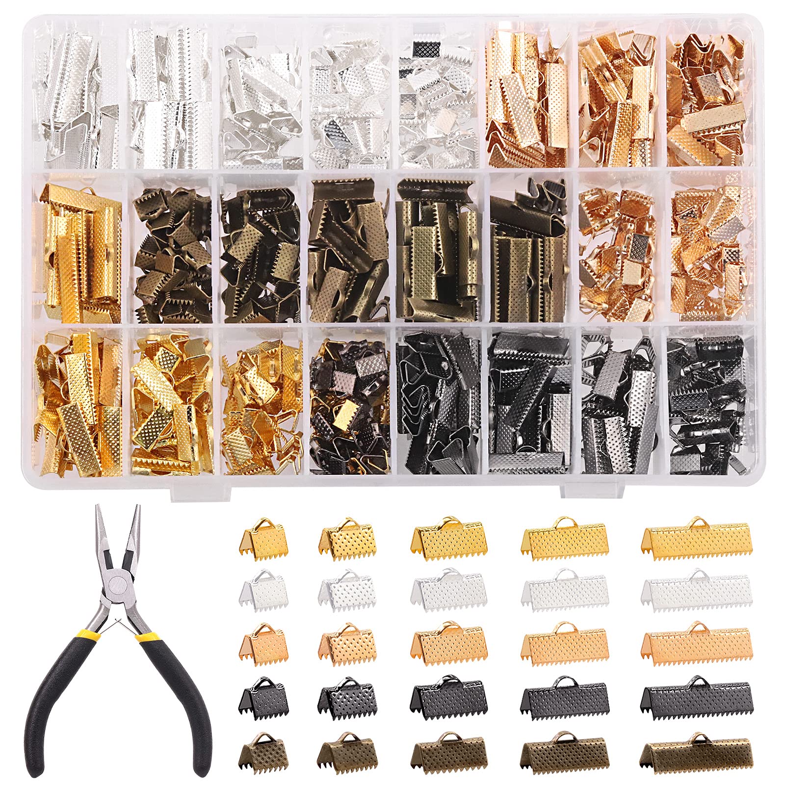 Rustark 701Pcs 5 Colors Ribbon Clamp Ends for Jewelry Making with Pliers Tool Assortment Kit Bracelet Leather Bookmark Pinch Crimp Ends with Loop
