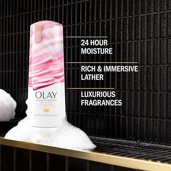 OLAY BODY WASH FOR WOMEN, INDULGENT MOISTURE, 24HR MOISTURIZING & NOURISHING FORMULA, INFUSED WITH VITAMIN B3 COMPLEX, LUXURIOUS FRAGRANCES, ROSE & CHERRY CREME SCENT, 20 FL OZ