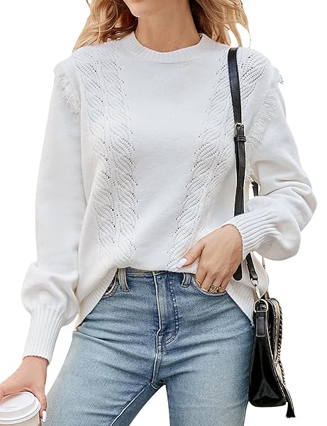 BMJL WOMENS 2023 PULLOVER SWEATERS CREWNECK CABLE KNIT CUTE TRENDY FALL WINTER SWEATER TOPS(L,WHITE)
