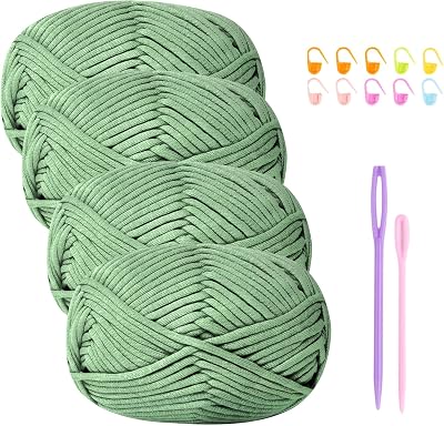 Renyiz Chunky Cotton Wool Yarn Set for Beginners Sage Green 4x50g Amigurumi Kit