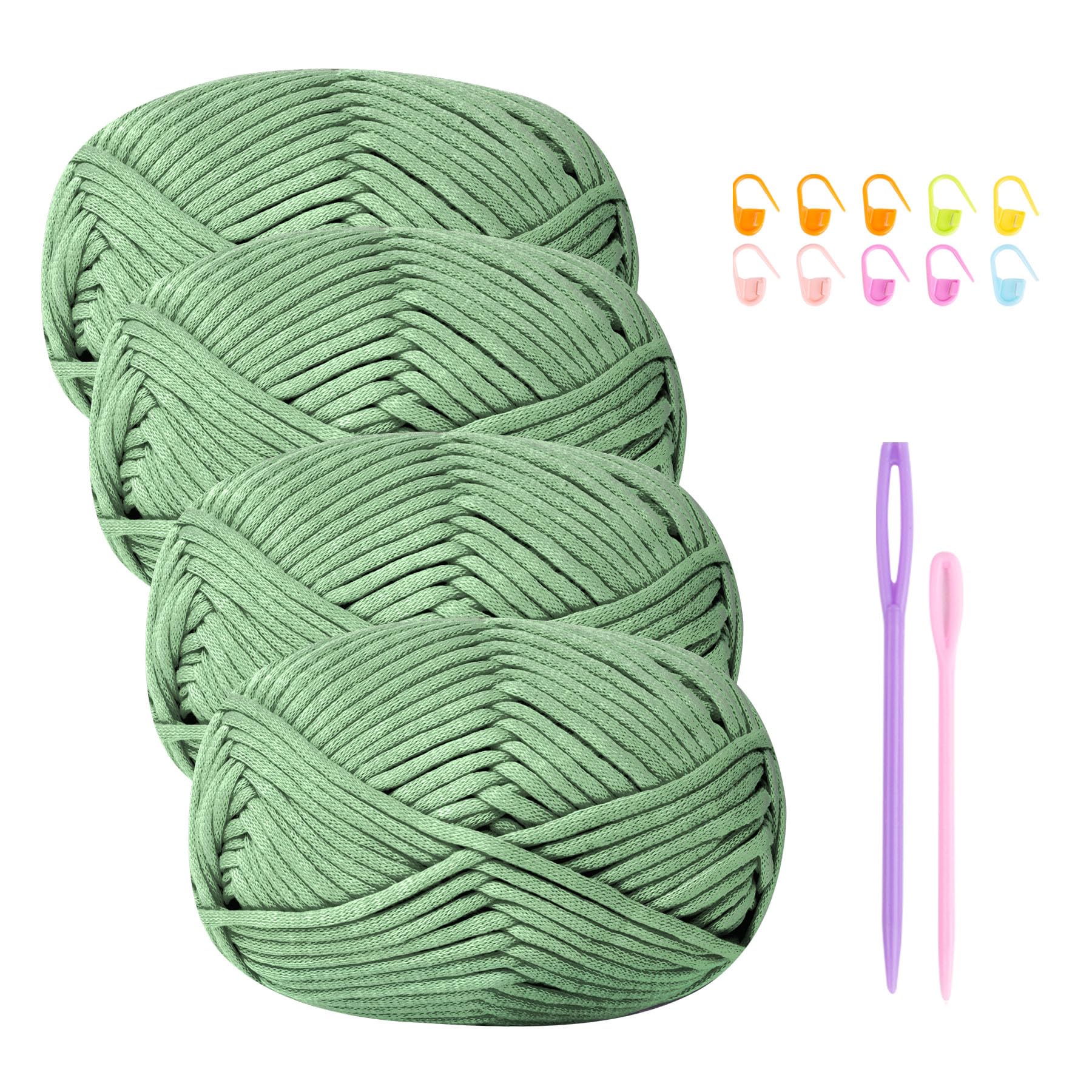 Chunky Cotton Wool Yarn for Crochet Beginners - 4x50g Amigurumi Yarn with Accessories, Easy Crochet Starter Kit Sage Green