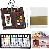 Watercolor Paint Kit, Portable Pocket Palette with Brush Set of 16pcs, Mini Paint Palette Travel Kit, Mini Watercolor Kit (Wood 8 Grid)