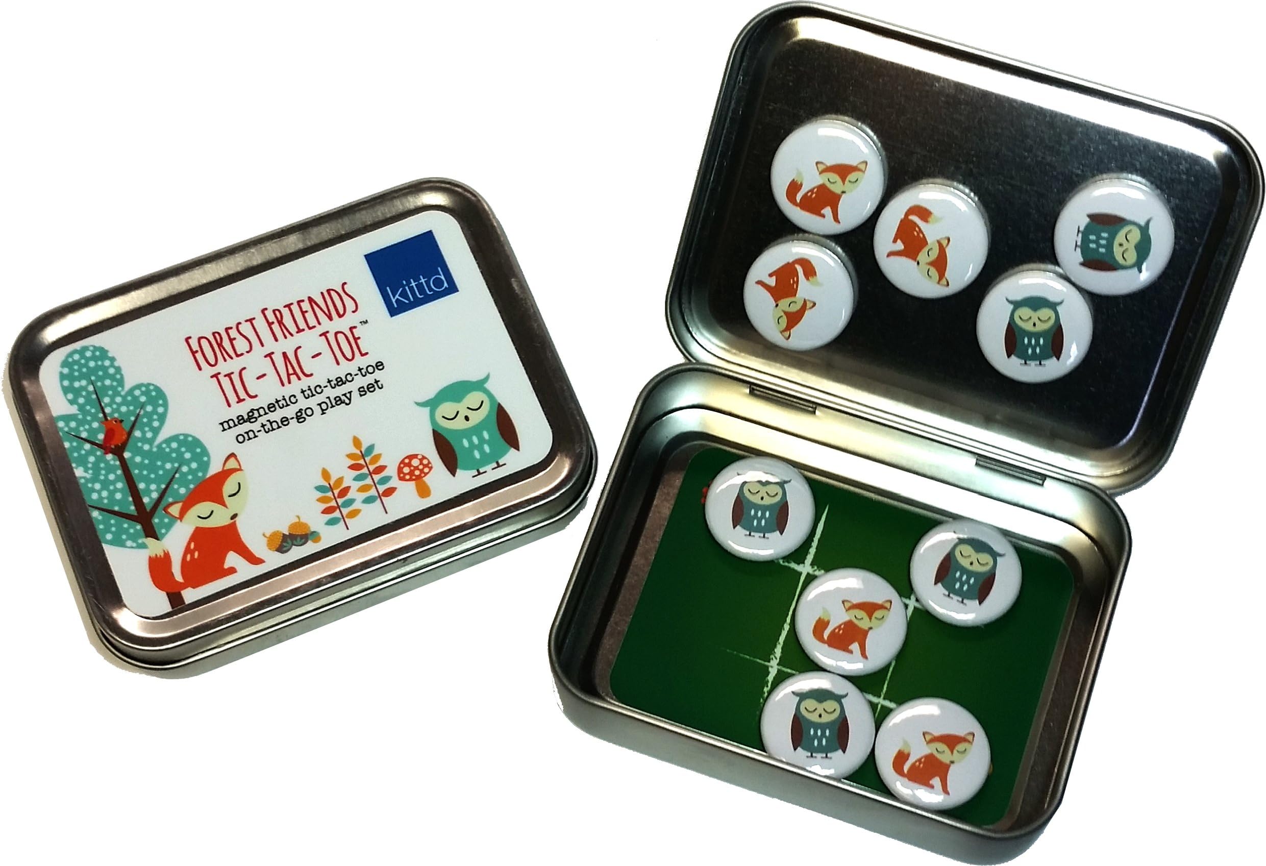 kittd - Forest Friends Tic-Tac-Toe On-The-Go Magnetic Travel Play Set - Portable, Pocketable, and Playful - Includes 10 Pieces - Perfect for Trips, Events, and More!