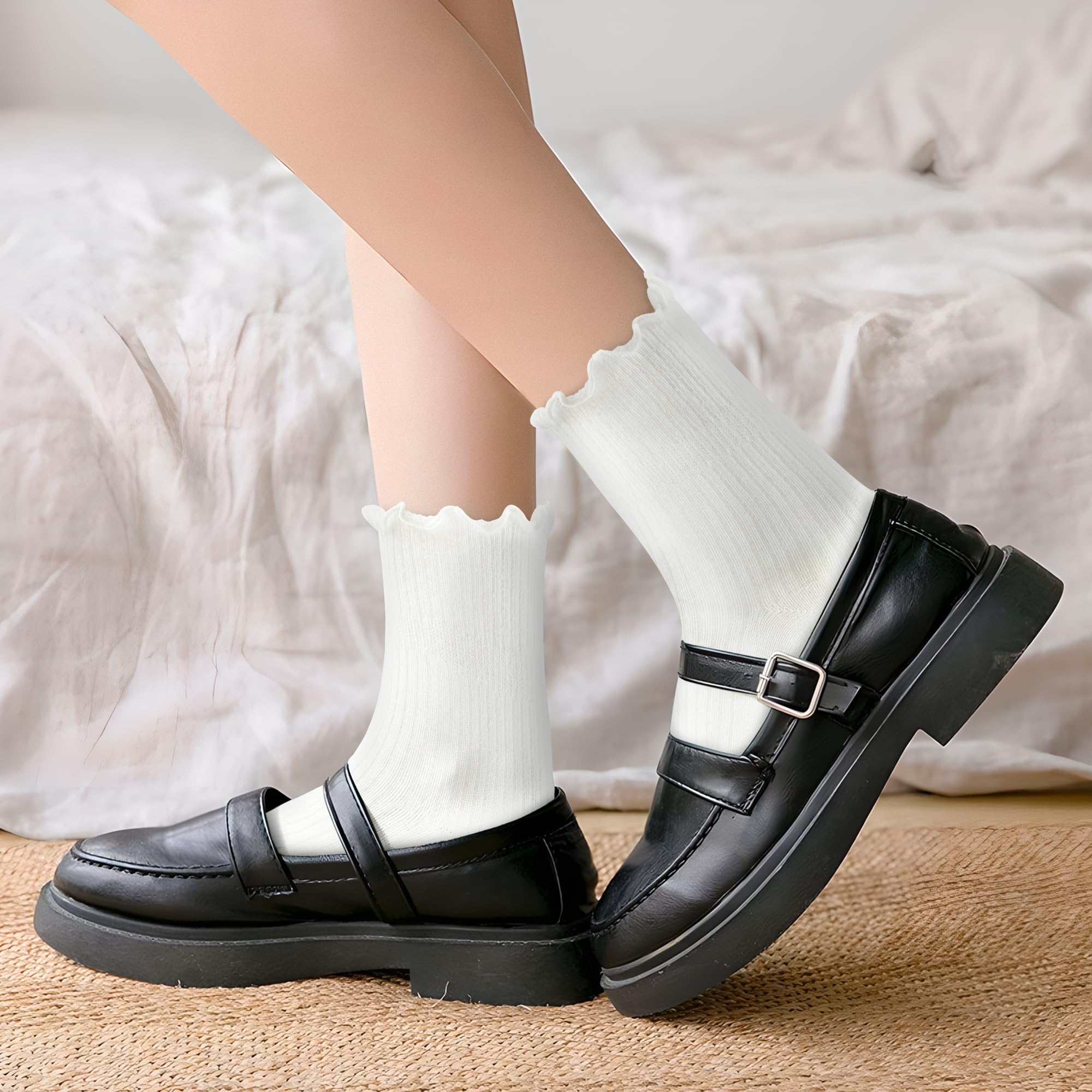 Women's Ruffled Ankle Boot Socks - Soft Knit Cotton Lettuce Trim Crew Socks for Teen Women 6 Pairs