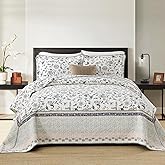 Finlonte Botanical 120"x120" California King Size Bedspread, 100% Cotton Vintage Floral Quilted Bedspread Coverlet Bedding Set, Patchwork Lightweight Extra Large Quilt XL Bed Spread, Gray/Navy, 3Pc