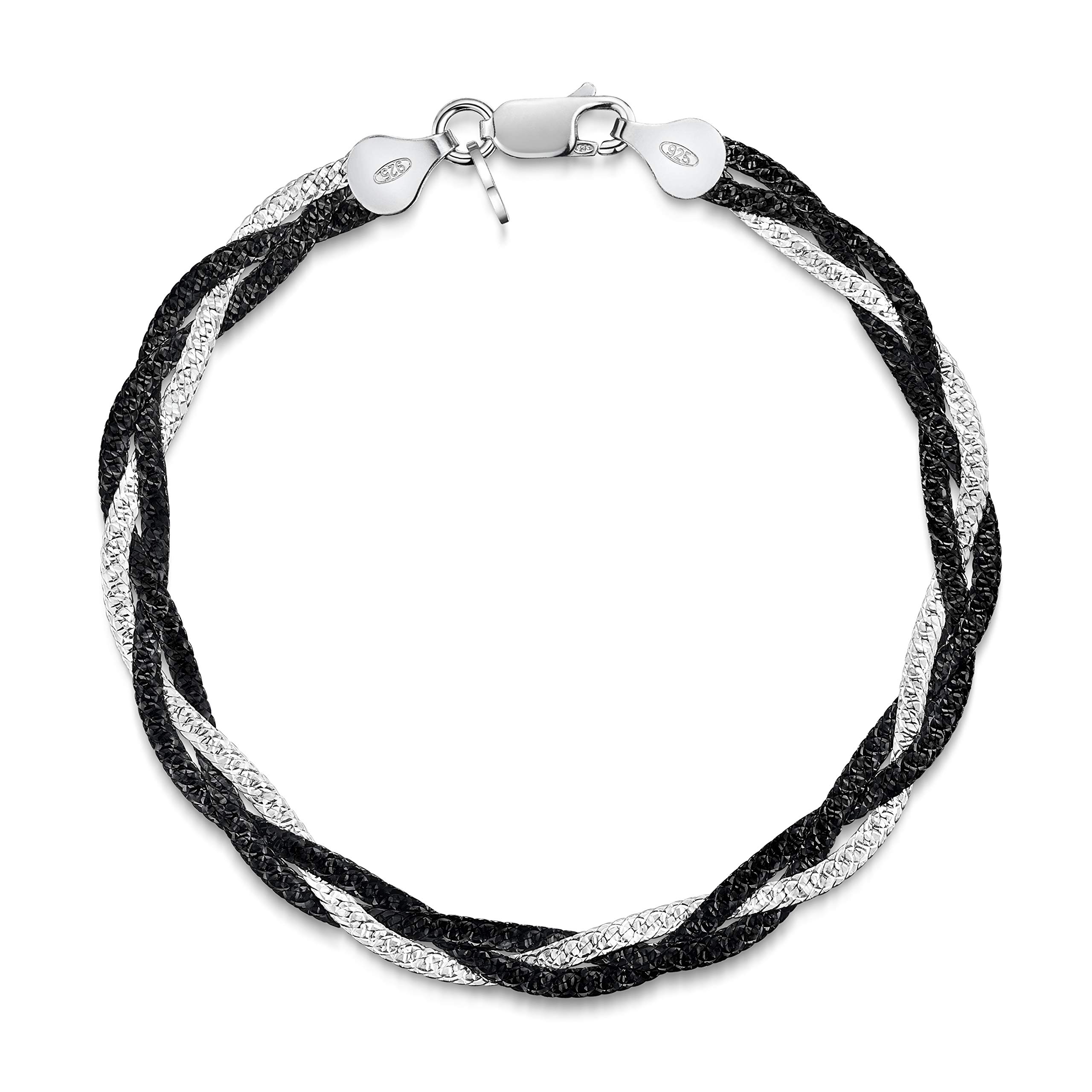 Amberta Women's 925 Sterling Silver Braided Herringbone Chain Bracelet (Length 7.5 inch): Silver Plated Black