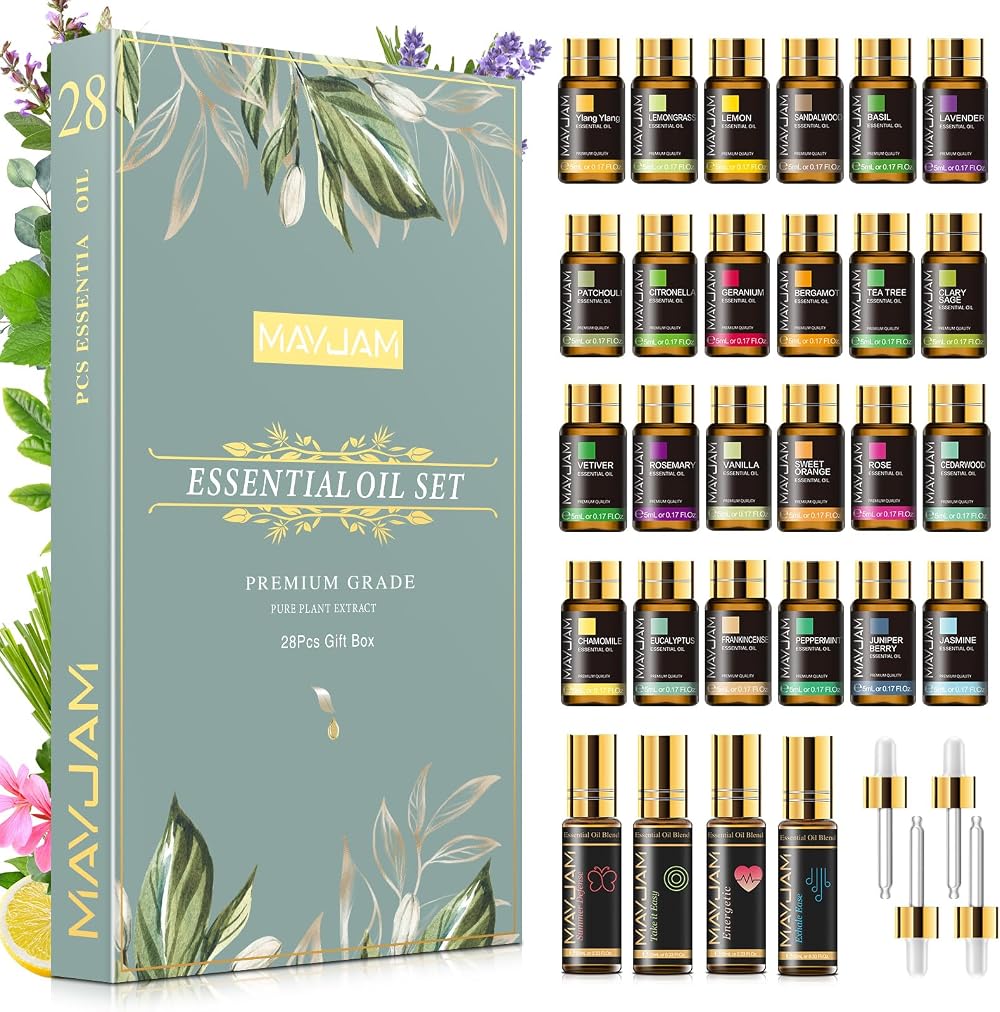 MAYJAM Essential Oils Set 28 24 Singles 4 Blends Diffuser DIY Gift Kit