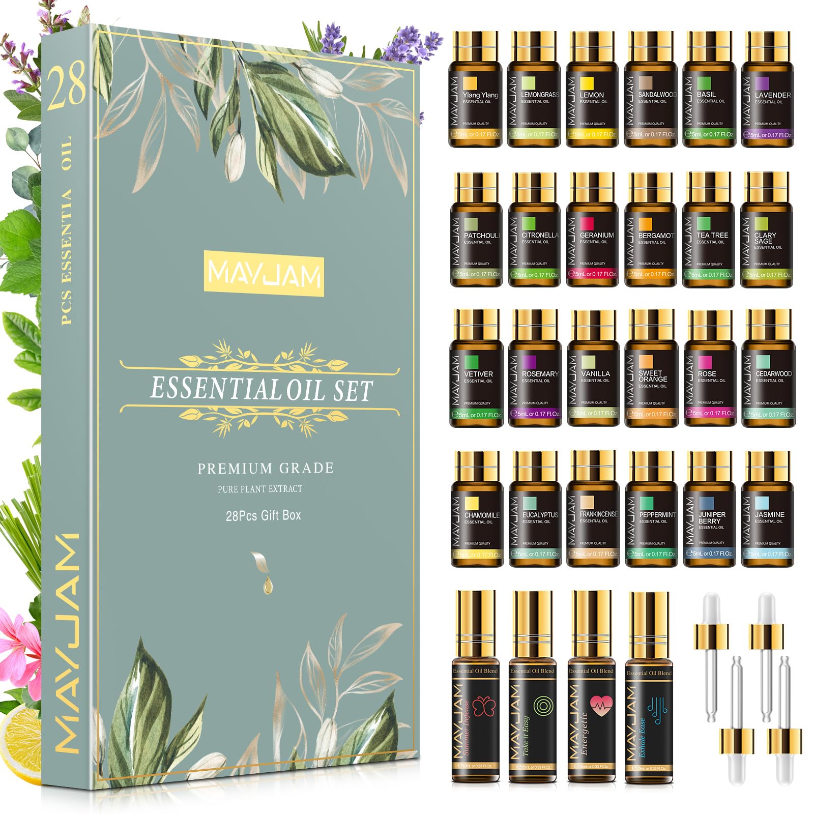 MAYJAM Essential Oils Set 28 - Essential Oils Gift Set for Humidifier, Diffusers, DIY, Home, 24 Single Essential Oil + 4 Blends Essential Oil