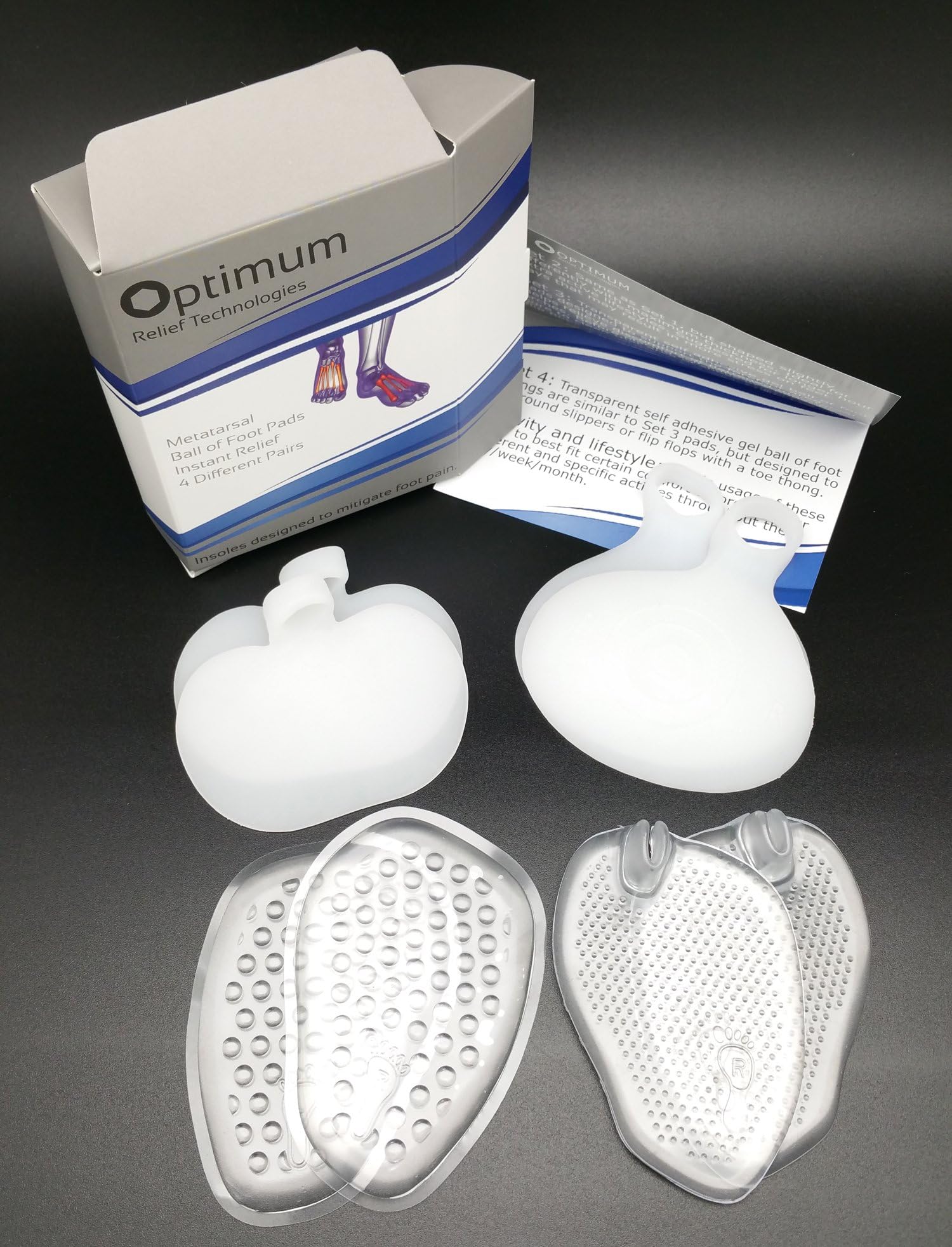 Optimum Relief Comprehensive Ball of Foot Cushions Metatarsal Pads Forefoot Gel Insoles 4 Pair Set