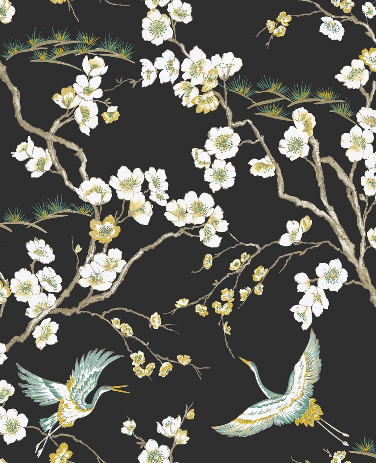 Sublime Black Japan Floral and Fauna Tropical Wallpaper, 52 x 1000 cm