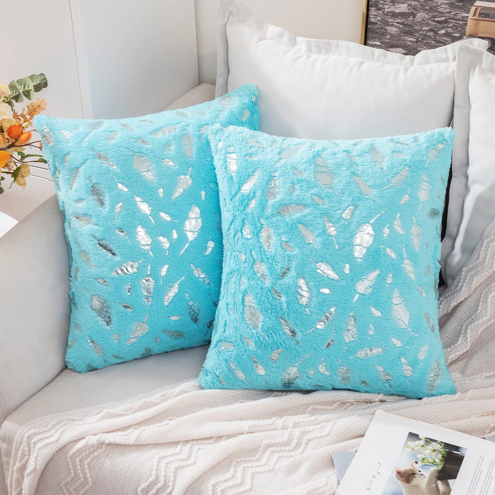 MIULEE 2 Pack Faux Fur Cushion Covers Fluffy Throw Pillow Covers Gold Feathers Soft Lovely Decorative Sapphire Square Luxurious Pillowcase for Livingroom Silver-Light Blue 50x50cm 20x20 Inch